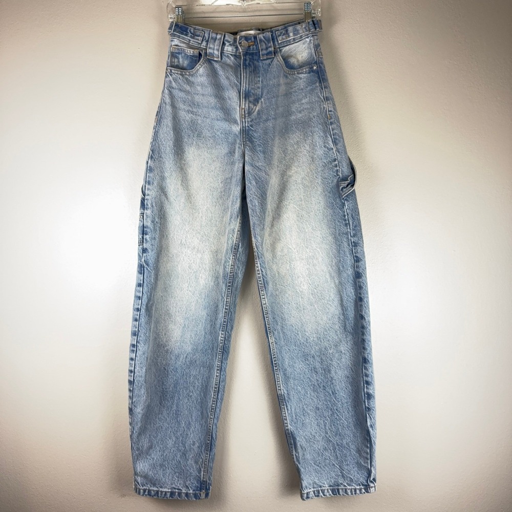 Bershka Cargo Barrel Denim Jeans Womens 2 High Rise Light Wash Baggy Buckle Y2K